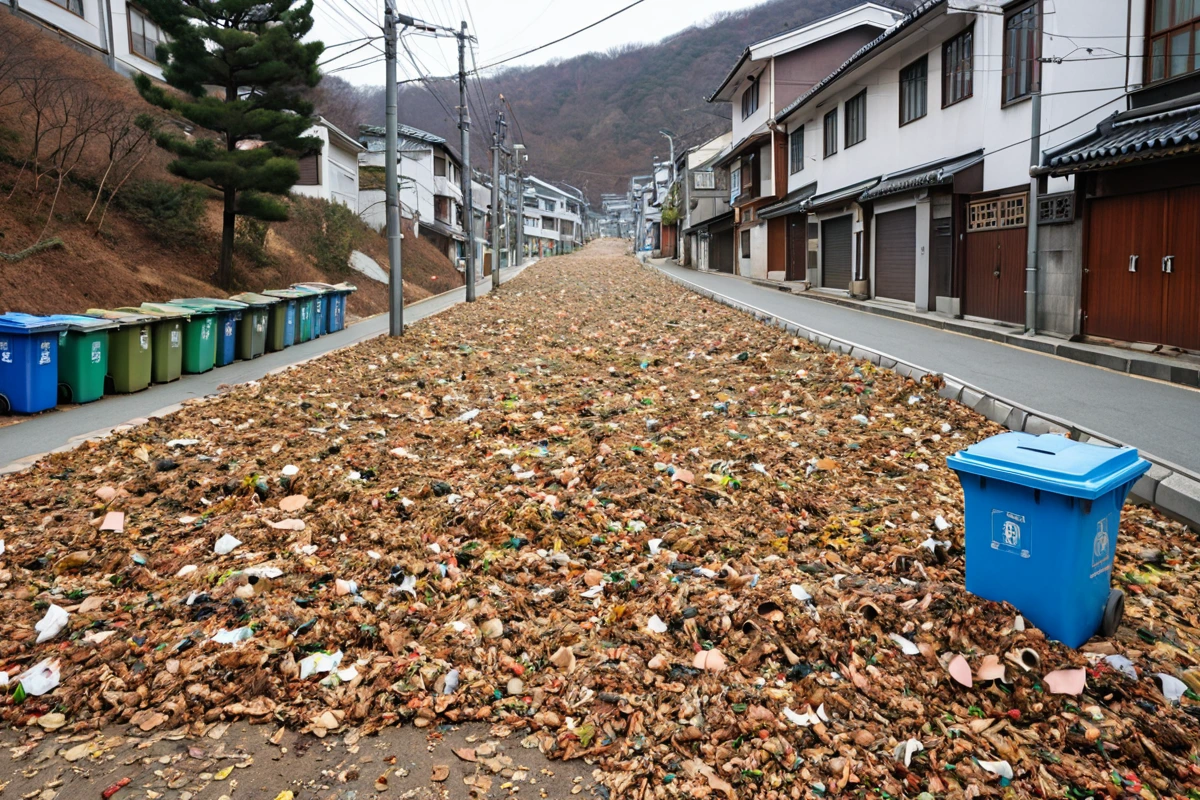 경상남도 창원시 진해구의 주택가에서 일반 가정 폐기물이 분리된 쓰레기통에 담겨진 모습. 흙과 나뭇잎이 섞인 일반 쓰레기와 분리 배출된 종이, 플라스틱 용기들이 정리되어 있다.