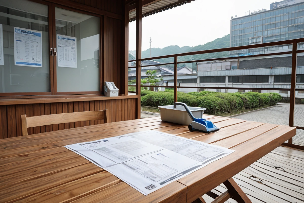 창원 마산합포구 교방동의 청소 업체 간판이 보이는 외부 공간에서, 신뢰성 있는 업체를 선택하기 위해 청소 서비스 평가서와 관련 문서가 놓인 테이블. 테이블 위에는 '신뢰도 검증'과