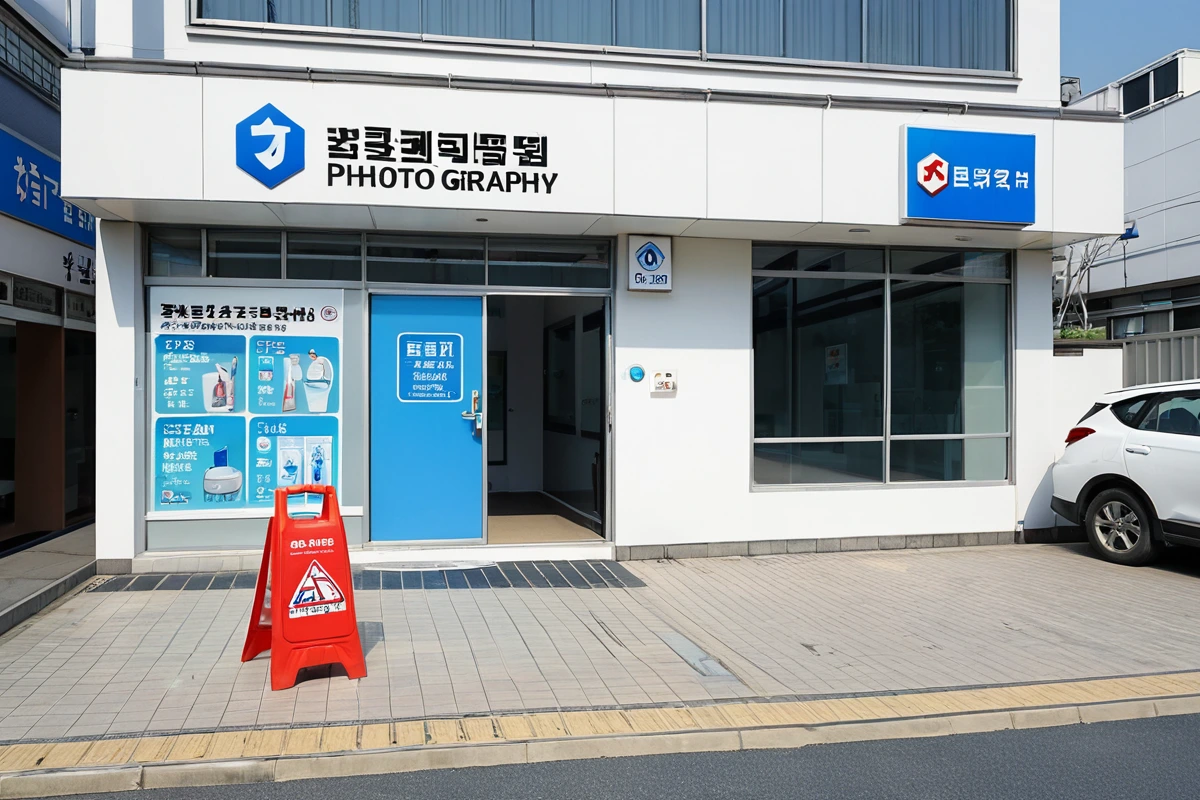 창원 마산합포구 교방동의 청소 업체 사무실 외부에서 보이는 인증 표지판과 함께 청소 장비가 정리된 현관 앞, 인증서류가 보이지 않는 깔끔한 공간
