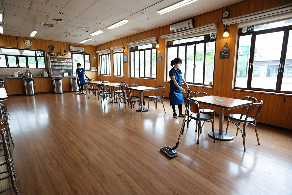 창원 마산합포구 상업용 공간에서 음식점 카페 청소 현장, 100㎡ 규모의 깔끔한 바닥과 테이블, 위생 기준에 맞춘 청소 도구와 청소 중인 청소기의 모습