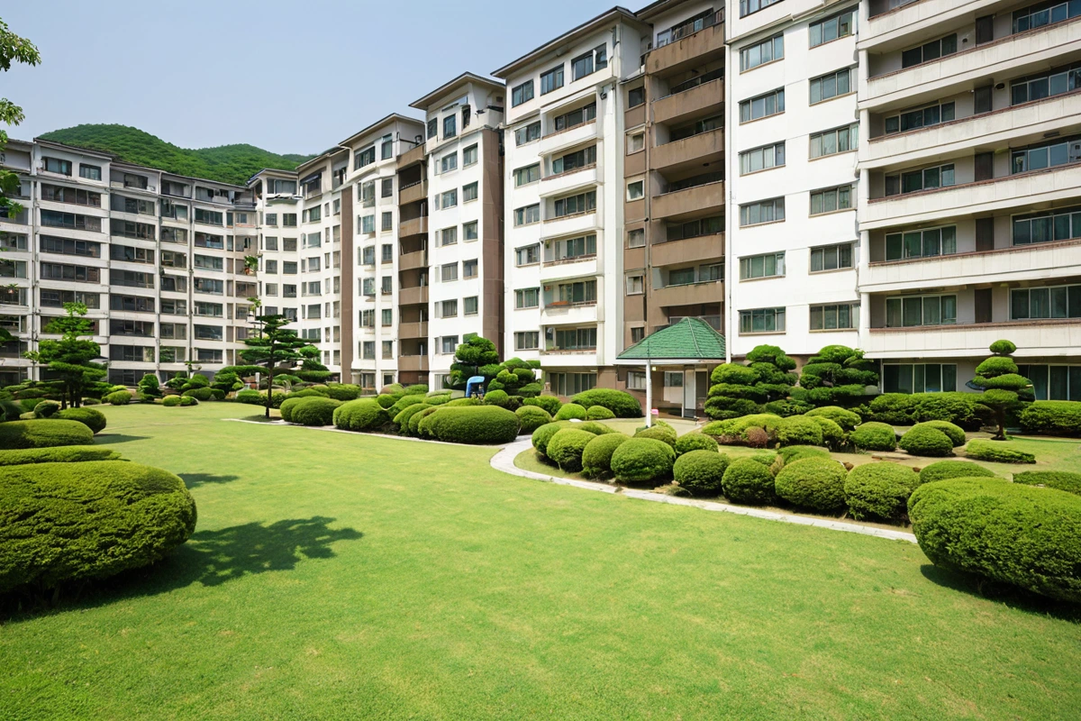 창원 마산합포구의 주거용 아파트 단지 전경, 푸른 잔디와 정원이 잘 관리된 주택가에서 청소 차량이 조용히 주차되어 있는 모습, 아침 햇살이 부드럽게 내리쬐는 자연스러운 풍경