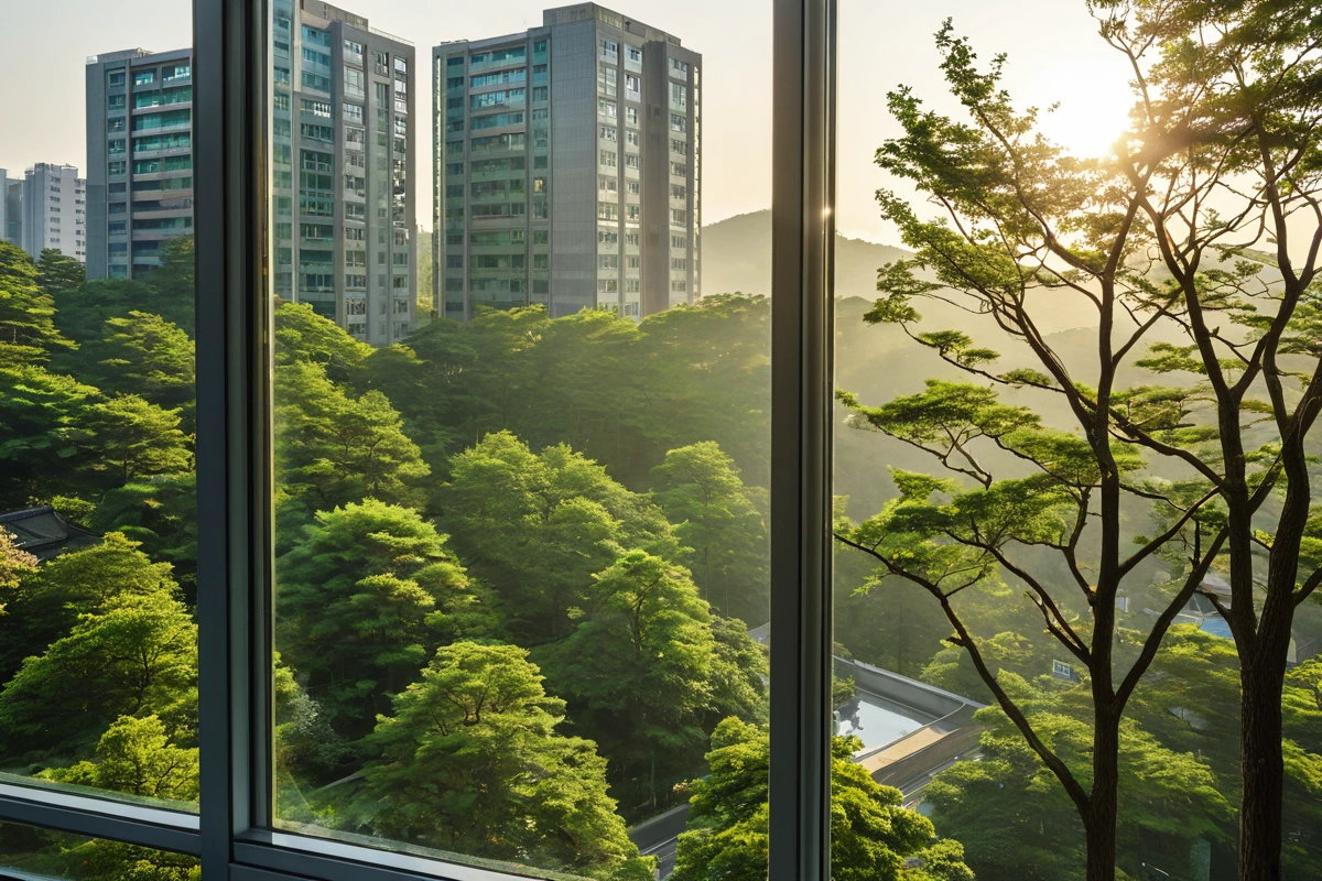 창원 마산합포구의 현대적인 아파트 유리창을 깨끗이 청소한 모습, 창문 밖으로 햇빛이 들어오는 자연스러운 풍경과 유리 표면의 반짝이는 반사광이 강조된 장면
