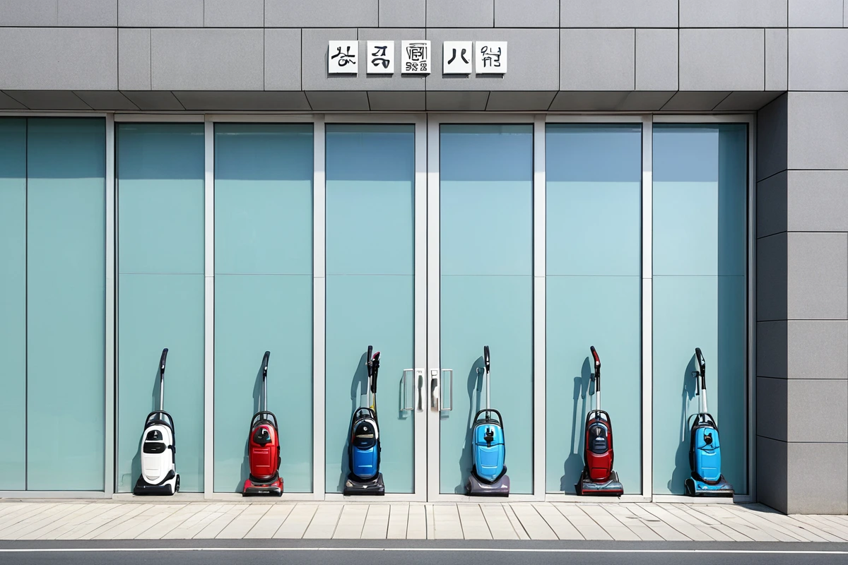 창원 마산회원구 대성동의 청소 업체 사무실 외관, 깨끗한 유리창과 간결한 간판이 보이는 풍경, 현대적인 건물 앞에서 청소 도구가 정리된 모습