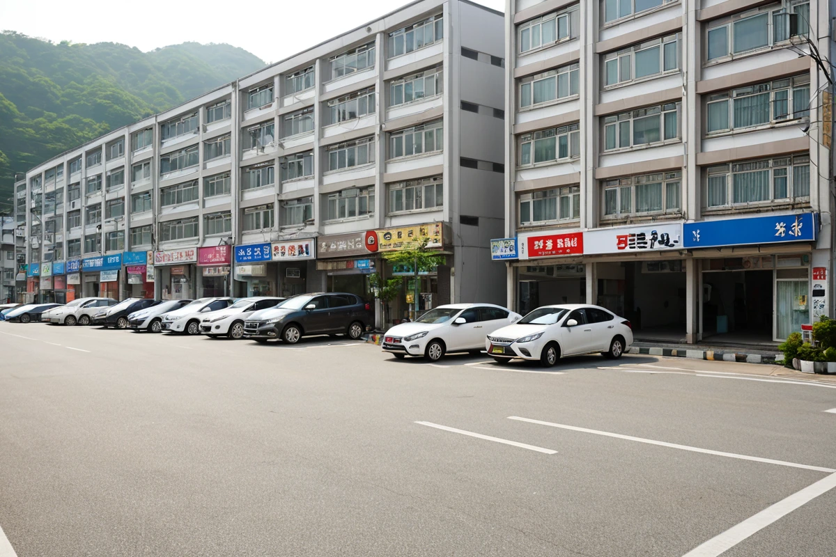창원 마산회원구 대성동 주거와 상업이 혼재된 거리의 아침 풍경, 건물 외벽에 청소 전문 업체의 간판이 보이지 않는 깨끗한 거리와 차량이 주차된 주차 공간, 주변 건물의 창문이 청소