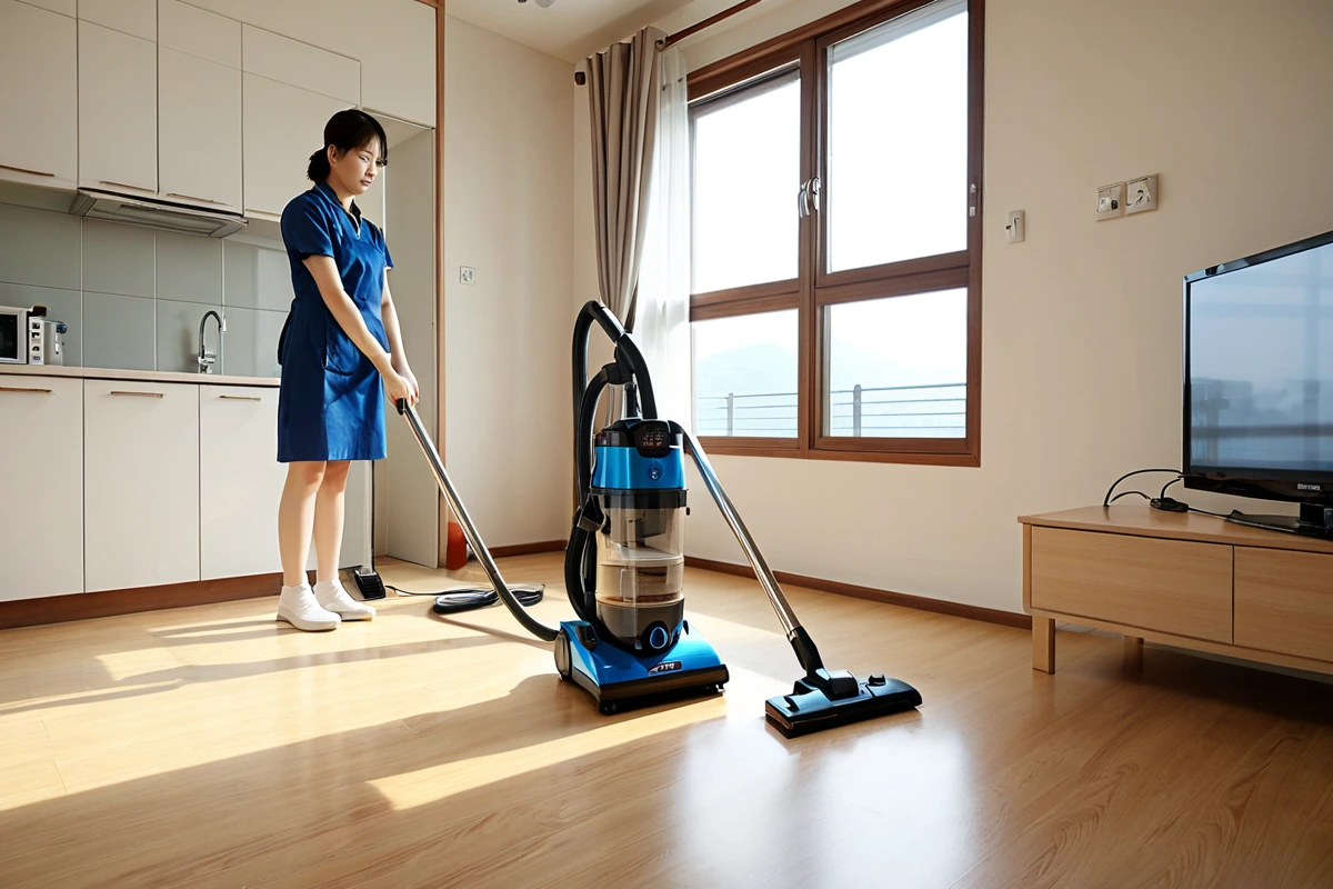 창원 마산회원구 주거지의 실내에서 미세먼지 측정기와 청소 장비가 정리된 풍경. 청소 후 청결한 바닥과 창문을 보여주며, 미세먼지 수치 감소를 나타내는 디지털 표시기가 보인다.