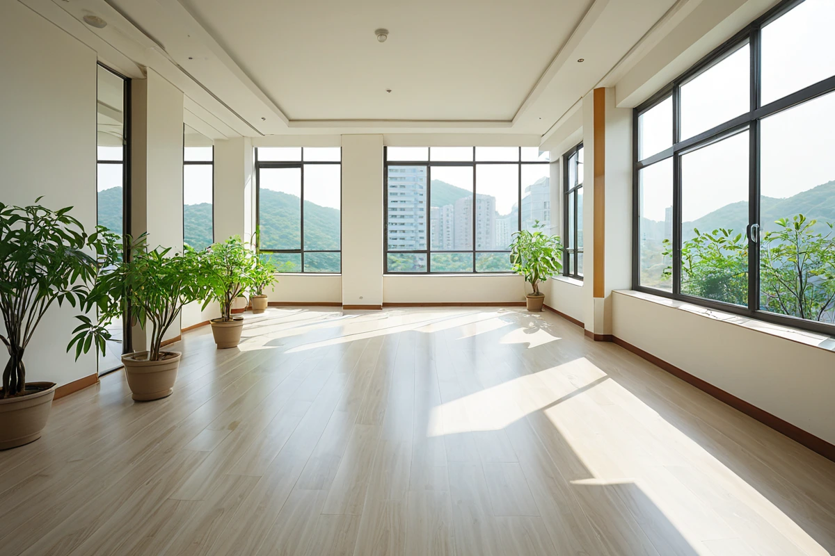 창원 성산구 아파트 단지의 청결한 공용 공간, 정기적으로 청소된 바닥과 깔끔한 벽면, 창문 밖으로 보이는 녹색 식물과 주변 건물이 조화를 이룬 모습. 아침 햇살이 들어오는 자연광을