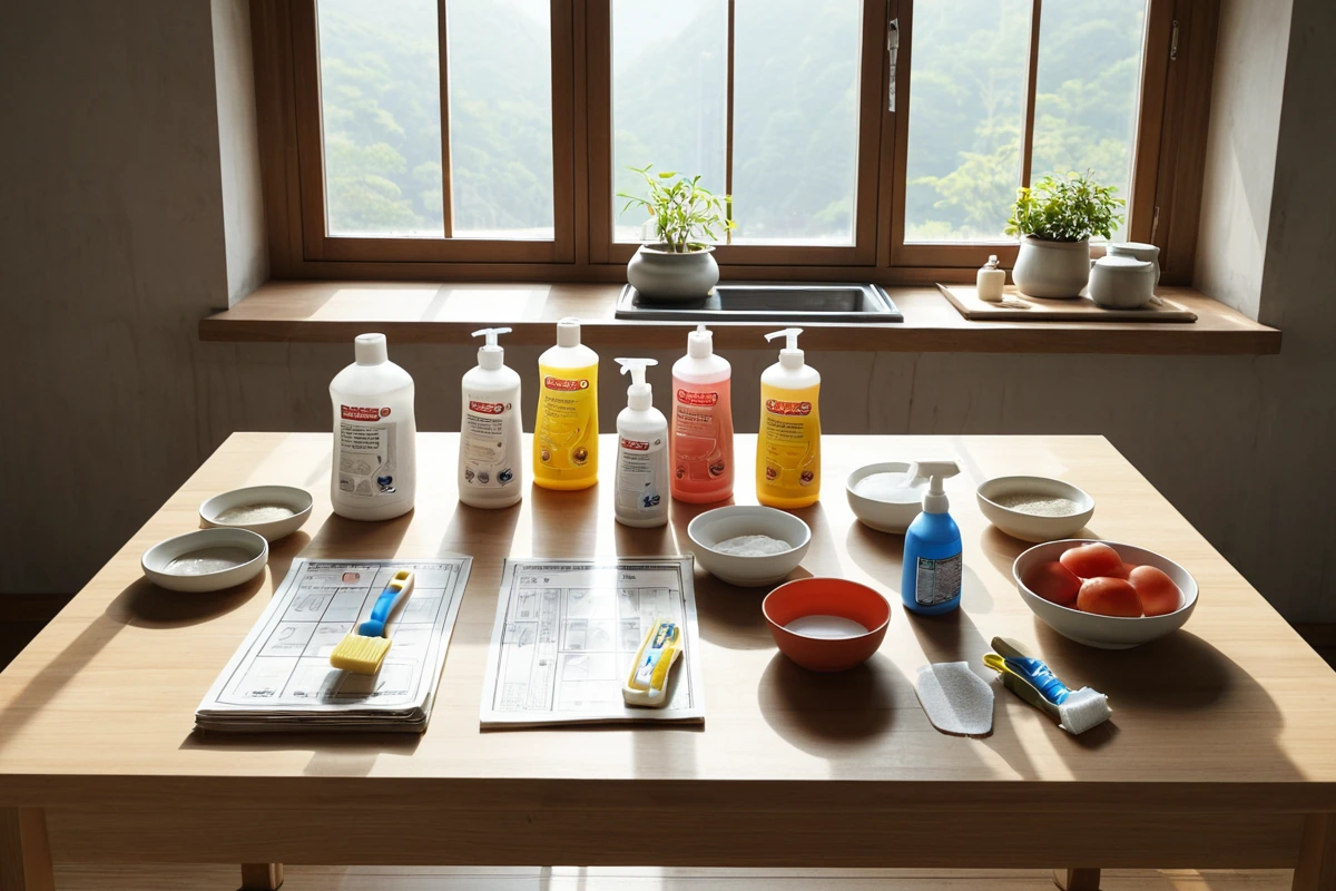 창원 성산구의 주거 공간에서 청소 전문가가 사용하는 세제와 도구가 정리된 테이블 위의 모습. 세제의 성분 표시와 청소 도구의 사용 방법이 적힌 안내문이 함께 놓여 있습니다.