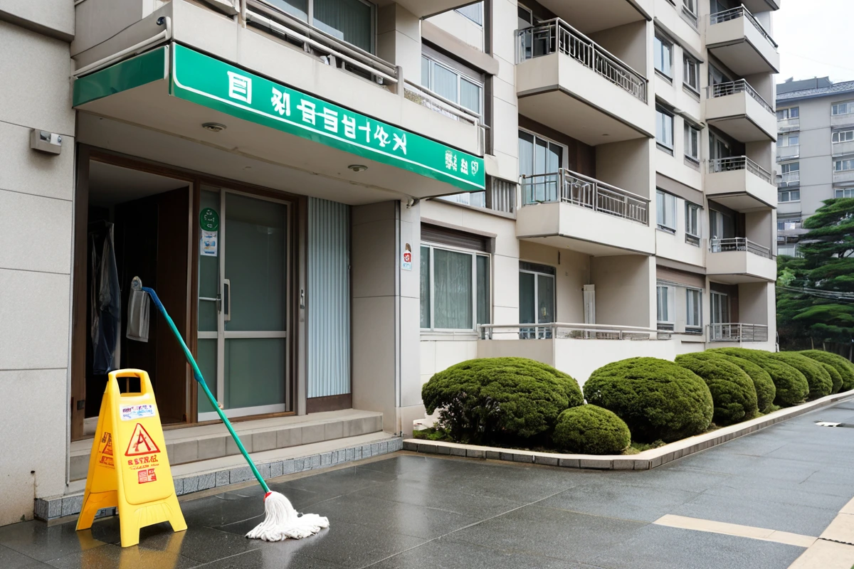 창원 성산구의 한 주거용 아파트 현관 앞에서 청소 전용 도구들이 정리되어 있는 모습. 청소용 걸레, 스티커, 물걸레 등이 깔끔하게 놓여 있고, 배경에는 아파트 단지의 청결한 외관이