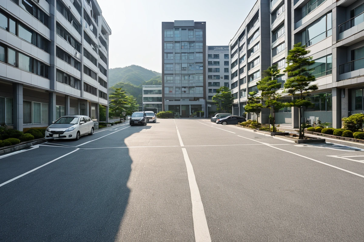 창원 성산구의 현대적인 아파트 단지 외관, 청소 전문 장비가 주차된 주차장과 깨끗한 포장된 도로가 보이는 모습. 햇빛이 잘 드는 아침 시간대의 자연스러운 풍경.