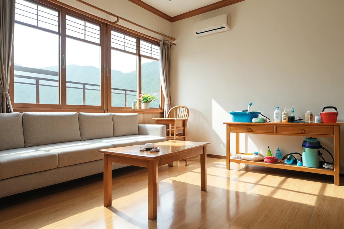 창원 성산구 주택 내부의 깨끗한 거실, 친환경 청소제로 청소된 가구와 바닥, 자연광이 들어오는 창가에서 청소 도구가 정리된 모습