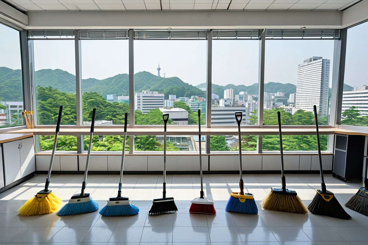 창원시 내 청소용역 업체의 사무실 외부에서 보이는 깨끗한 청소 장비와 정리된 작업장. 청소용 장비들이 청결하게 정리되어 있고, 창원시 지역 특성에 맞춘 청소 방법을 보여주는 전문적