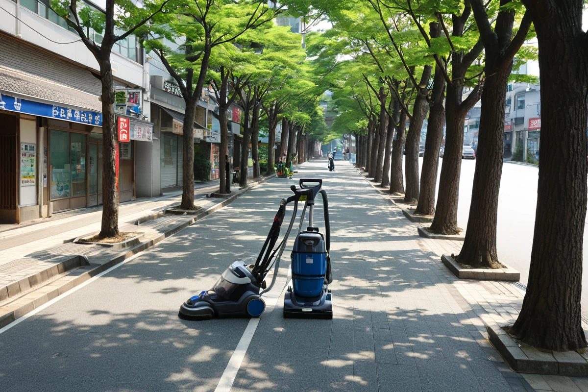 창원시 마산합포구 가포동 상업지역의 카페와 식당이 밀집한 거리, 가로수 아래로 청소용 청소기와 청소 도구가 주변 건물의 현관 앞에 놓여 있는 모습. 상점 간판이 보이지 않도록 청소