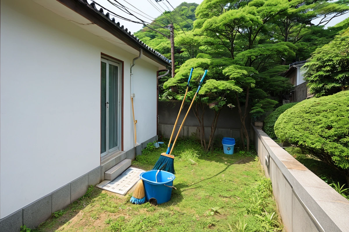 창원시 마산합포구 주거 지역의 단독 주택 앞에 위치한 에어컨室外기와 청소 도구가 정리된 모습, 주변에 아파트 단지가 보이는 평화로운 주거 환경