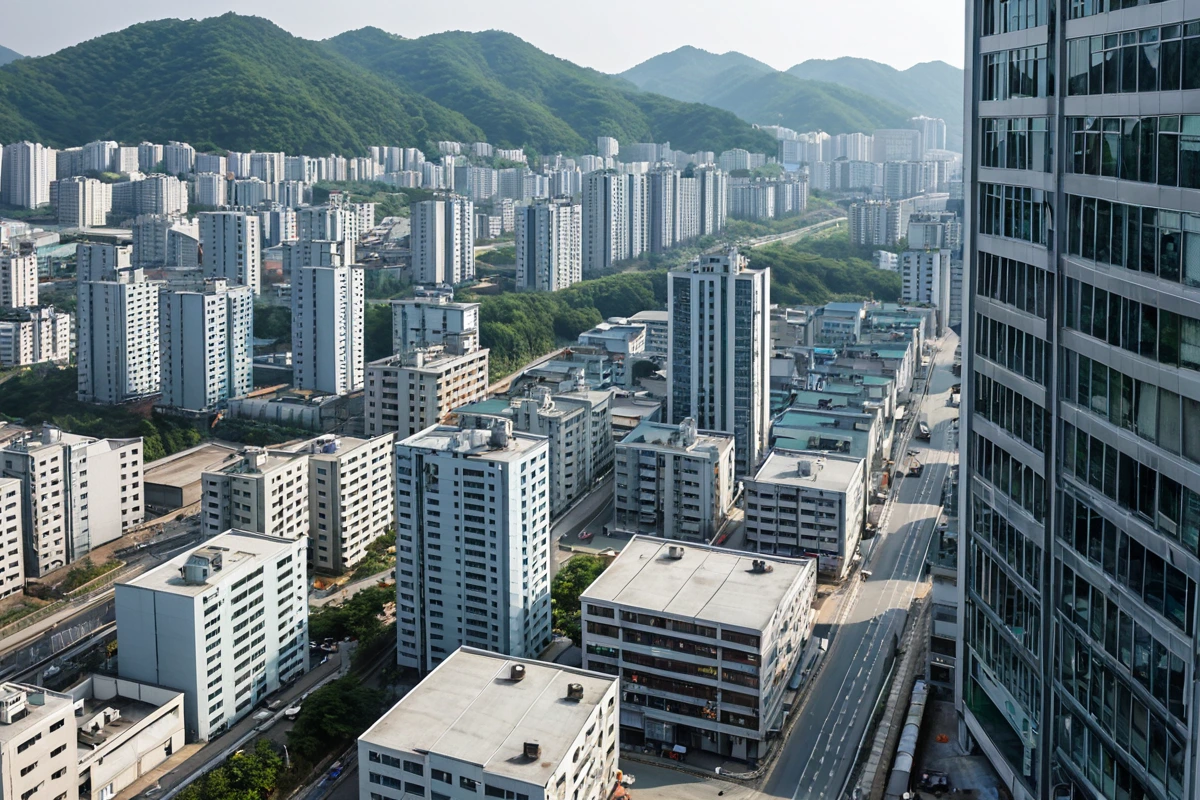 창원시 마산회원구 산업 밀집 지역의 고층 건물 외벽과 청소 작업 중인 청소 장비가 보이는 풍경, 건물 구조와 인구 밀도를 반영한 도시 풍경