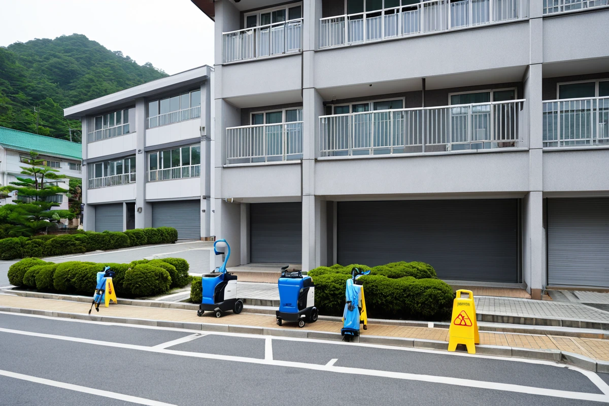 창원시 마산회원구의 주택가에서 고급 청소 서비스를 제공하는 업체의 외부 모습, 현대적인 청소 장비가 주차된 주차장과 청결한 건물 외관이 보이는 상황