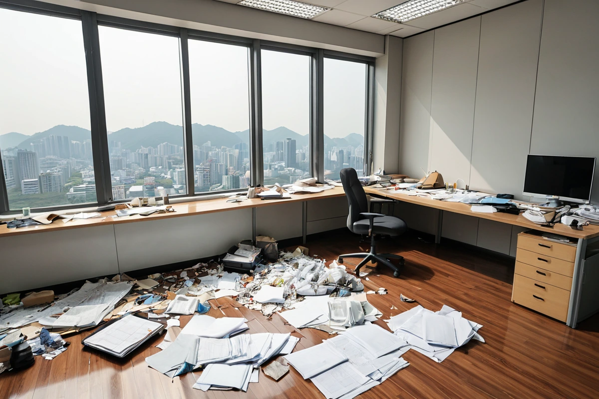 창원시 성산구의 대형 사무실 청소 전후 비교 장면. 청소 전에는 책상 위에 흩어진 서류와 잔여물이 보이고, 청소 후에는 깔끔하게 정리된 책상과 청소 도구가 배치된 공간이 보인다. 