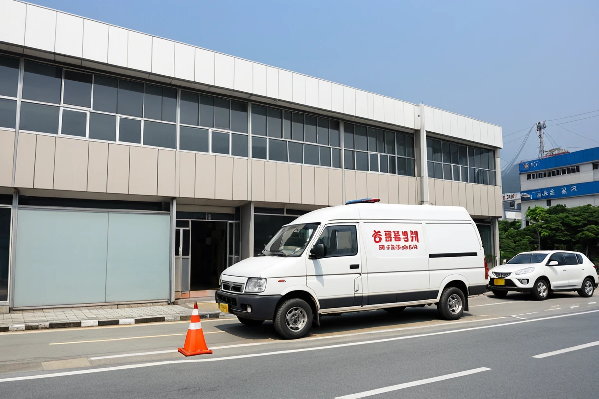 창원시 성산구의 상업용 건물 외부에서 창원 청소 업체의 무료 견적 신청을 위한 안내문이 걸린 간단한 현수막과 함께 청소 업체의 차량이 주차된 장면. 현수막은 간결한 디자인으로 '무