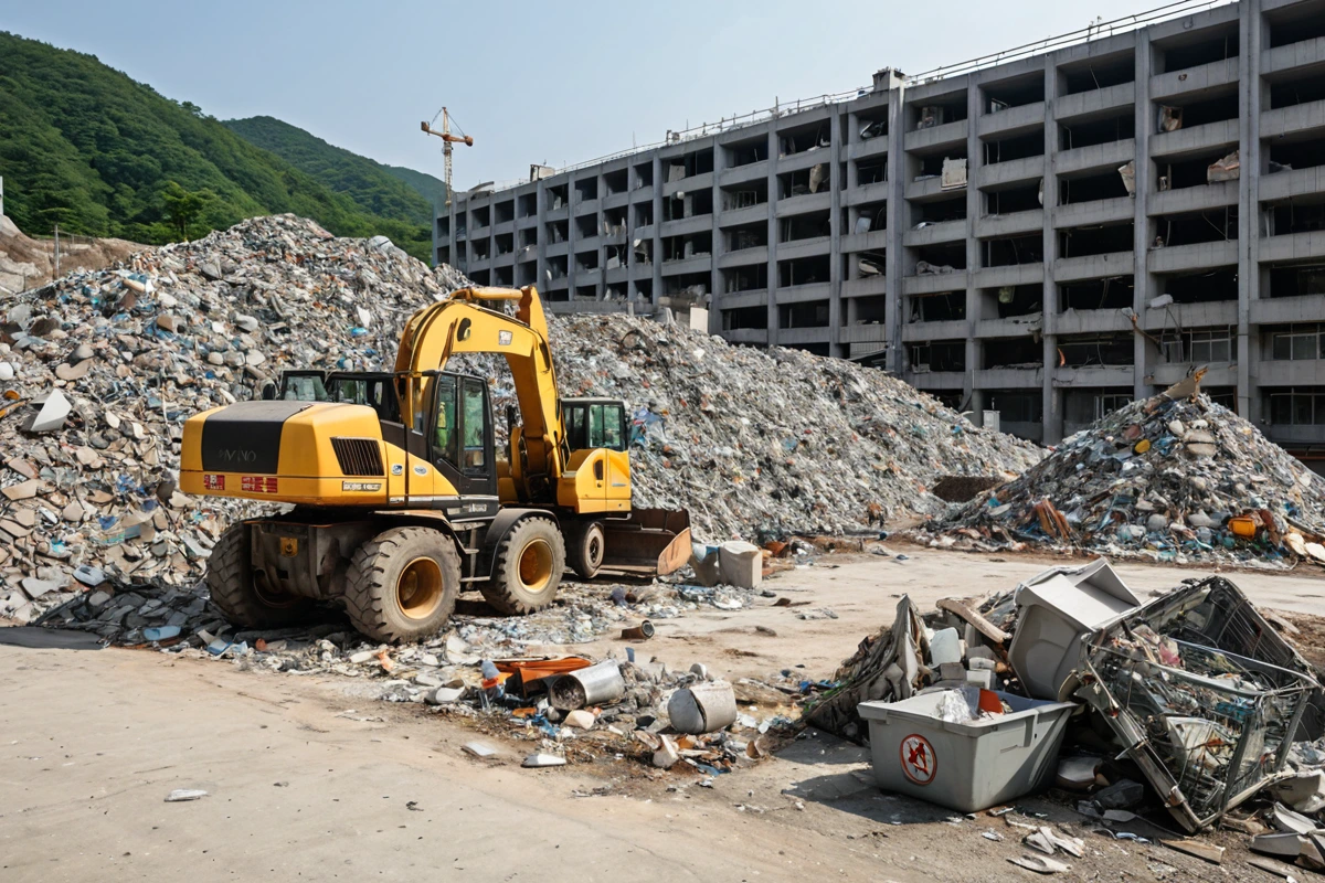창원시 진해구의 건축 현장에서 건축 자재가 분리된 쓰레기 더미. 콘크리트 조각과 금속 부품이 정리되어 있으며, 주변에는 분리수거 용품이 배치되어 있다.