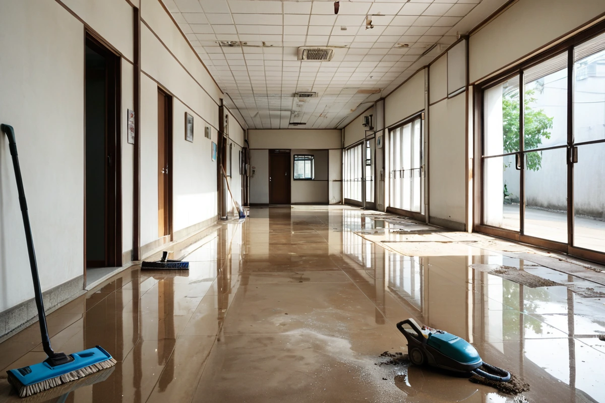창원시 진해구의 상업 건물 복도에서 청소 전 상태의 흙먼지가 쌓인 바닥과 깨끗하게 청소된 복도가 비교되는 장면. 청소 도구가 정리된 코너와 깨끗한 바닥 반사가 보이는 자연광 속의
